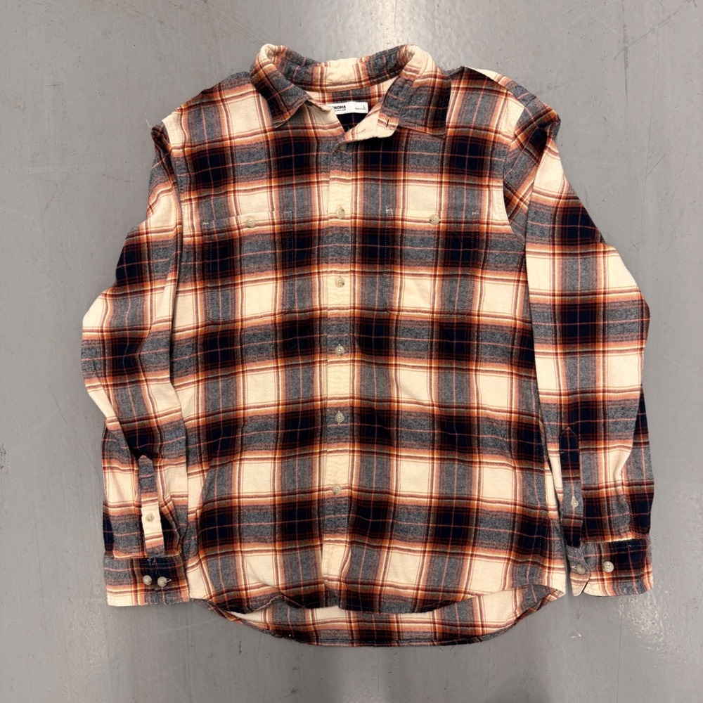 Sonoma Goods‎ For Life Mens Flannel Shirt Orange Cream Plaid Large L Button Down